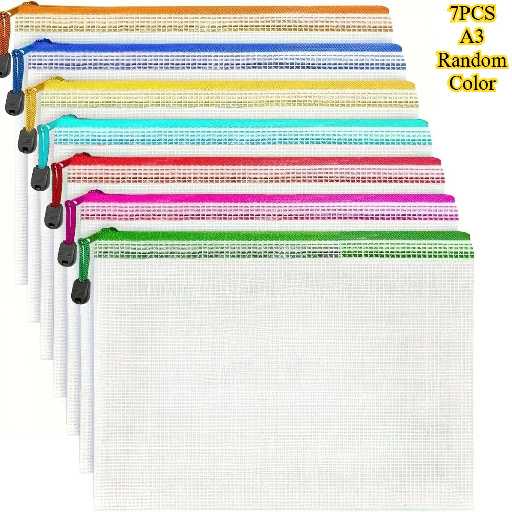 7pcs Random A3 Extra Large Transparent Mesh Zipper Pouches,Equipped with Reinforced Zippers,Multipurpose Storage for Posters