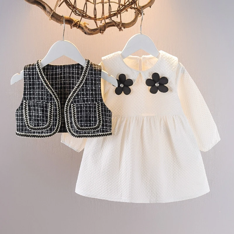 Princess Dress Child Girl Baby Autumn Suit Girl Dress Two Piece Set Lady Dress With Black Vest