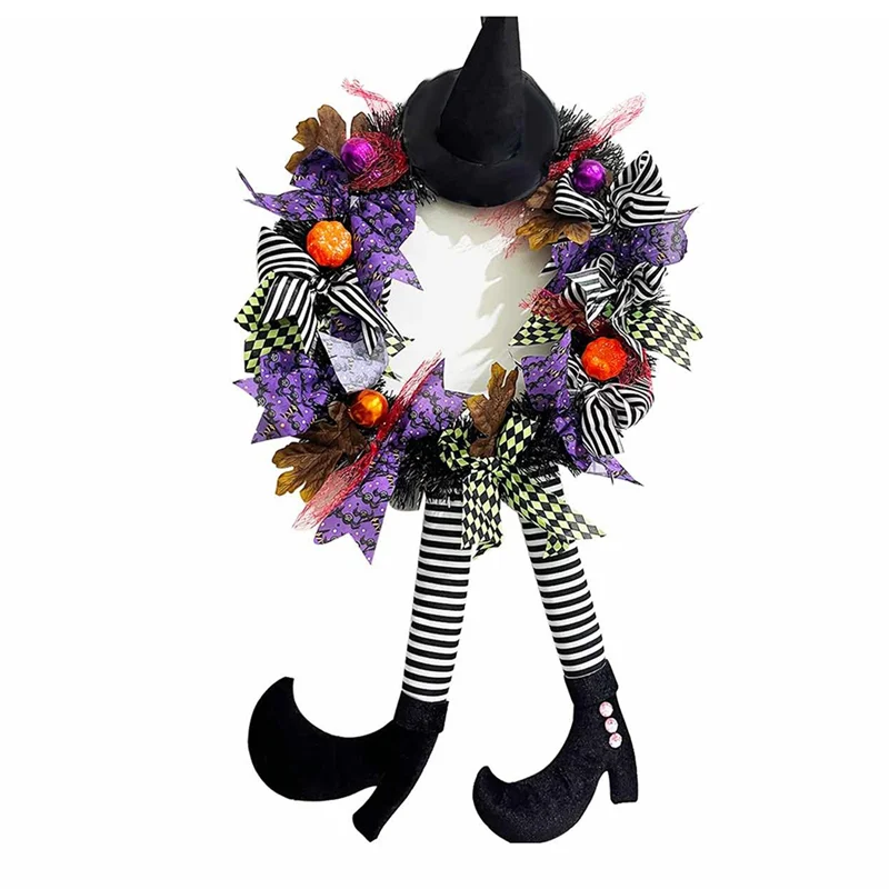 Halloween Wreath Outdoor Decorations - 25.6 X 13.7Inch Door Wreaths for Front Door, Witch Decor with Hat Legs Pumpkin