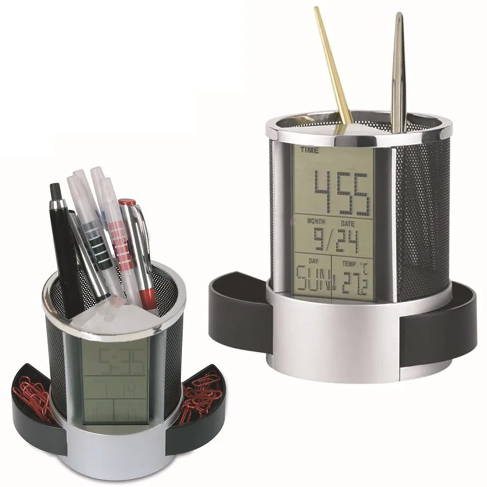 Multifunction Electronic Clock Pen Holder Metal Plastic Calendar Pen Container Drawer Storage Desk Organizer Time Date Week