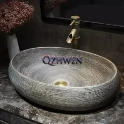 47/40/35cm Ceramic Washbasin  Antique Carving Bathroom Sink Imitation Stone Round Chinese Style Countertop Art Basin with Tap