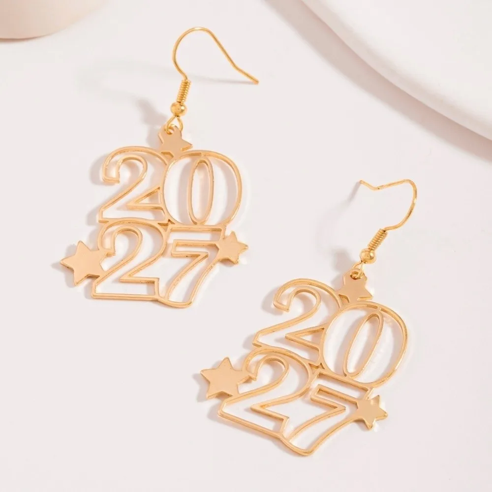 Elegant 2027 Digital Earrings Hollowed-out Fashion Metal Iron Happy New Year Earrings Star Design Long Drop Stud Earrings Daily