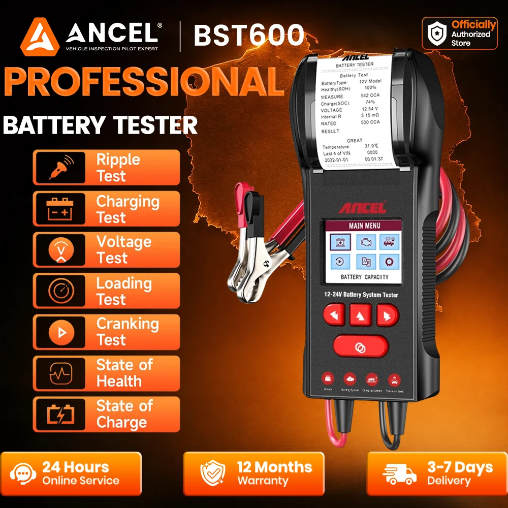 Excellent testeur de batterie avec imprimante pour batteries 12V/24V 100-2000 CCA, testeur de charge de batterie, test du système de démarrage et de charge