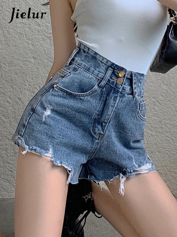 

Jielur Blue Chic High Waist Ins Women's Jean Shorts Fashion Slim Solid Color Simple Office Lady Casual Female Streetwear Outfits