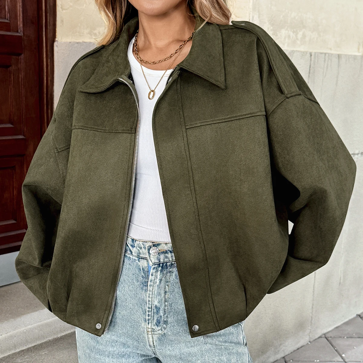 

Women's Green Lapel Loose Fit Short Jacket with Drop Shoulders Autumn Casual Fashion Trendy Style