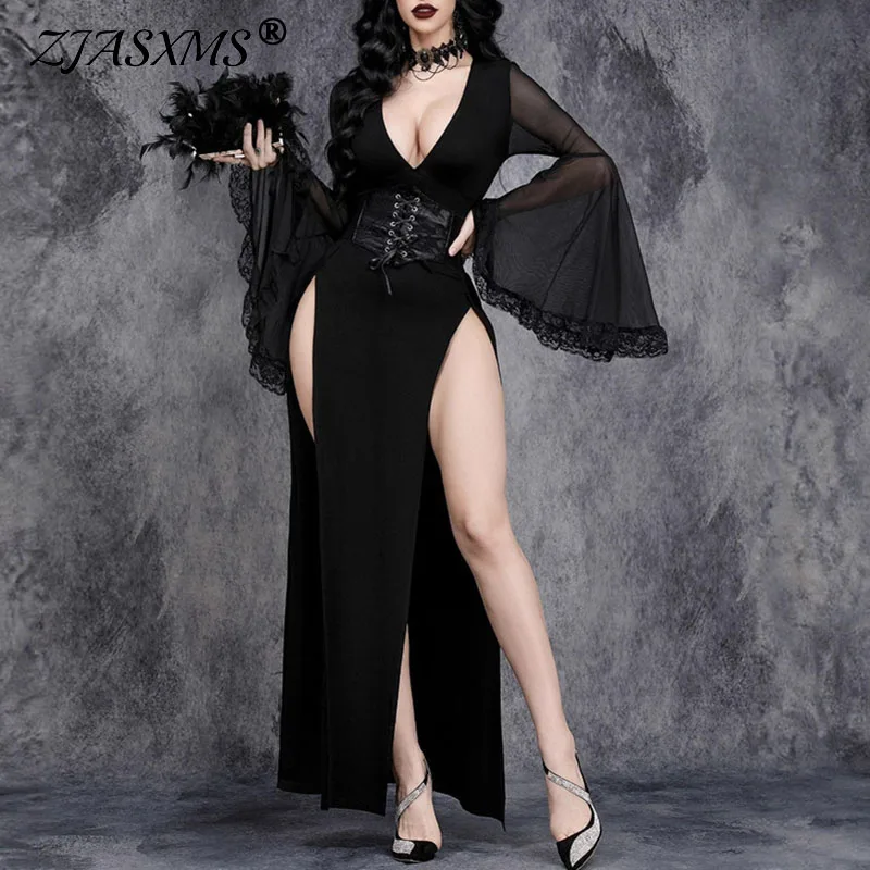Grembiule gotico in rete nera Costume di Halloween Donna Sexy scollo a V profondo Abito lungo con spacco alto Abito da festa svasato a maniche lunghe svasato autunnale