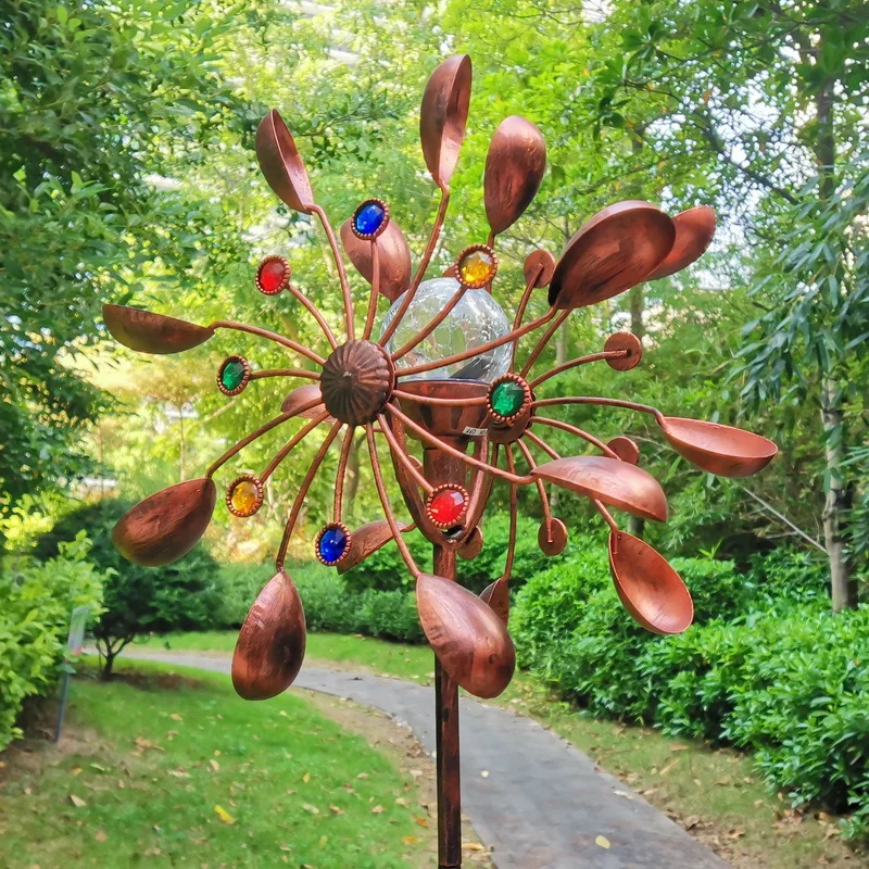 Garden Plug-In Sunflower Solar LED Lights Glass Ball Bronze Iron Double-Sided Rotating Ornaments Windmill Yard Outdoor Decor