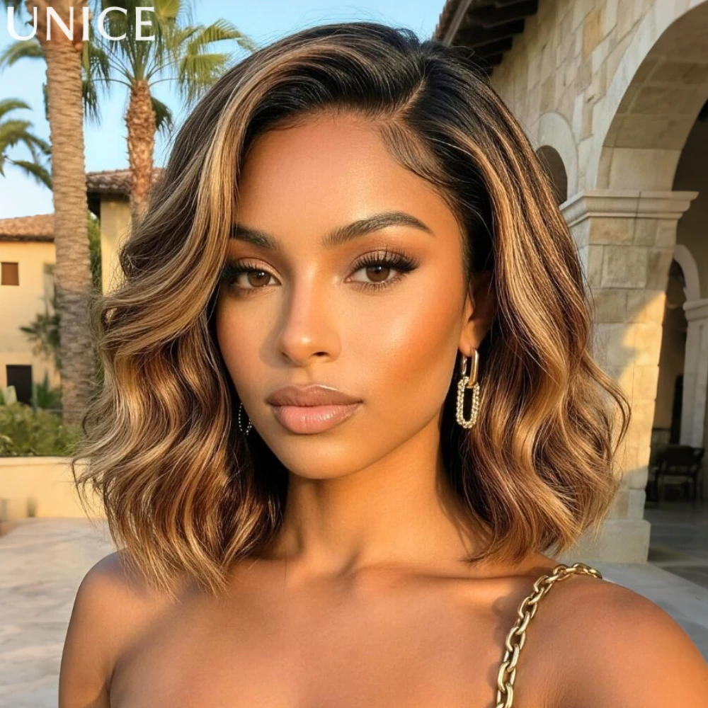 UNice Brown With Blonde Highlights Wavy Bob Wig With Face-Framing Layers Side Part 7x5 13x4 Lace Glueless Human Hair Wigs