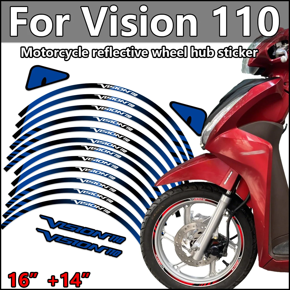 

For Vision 110 Vision110 Motorcycle Accessories Sticker 16" 14" Wheel Hub Rim Stripe Tape Vinyl Reflective Decor Scooter Decals