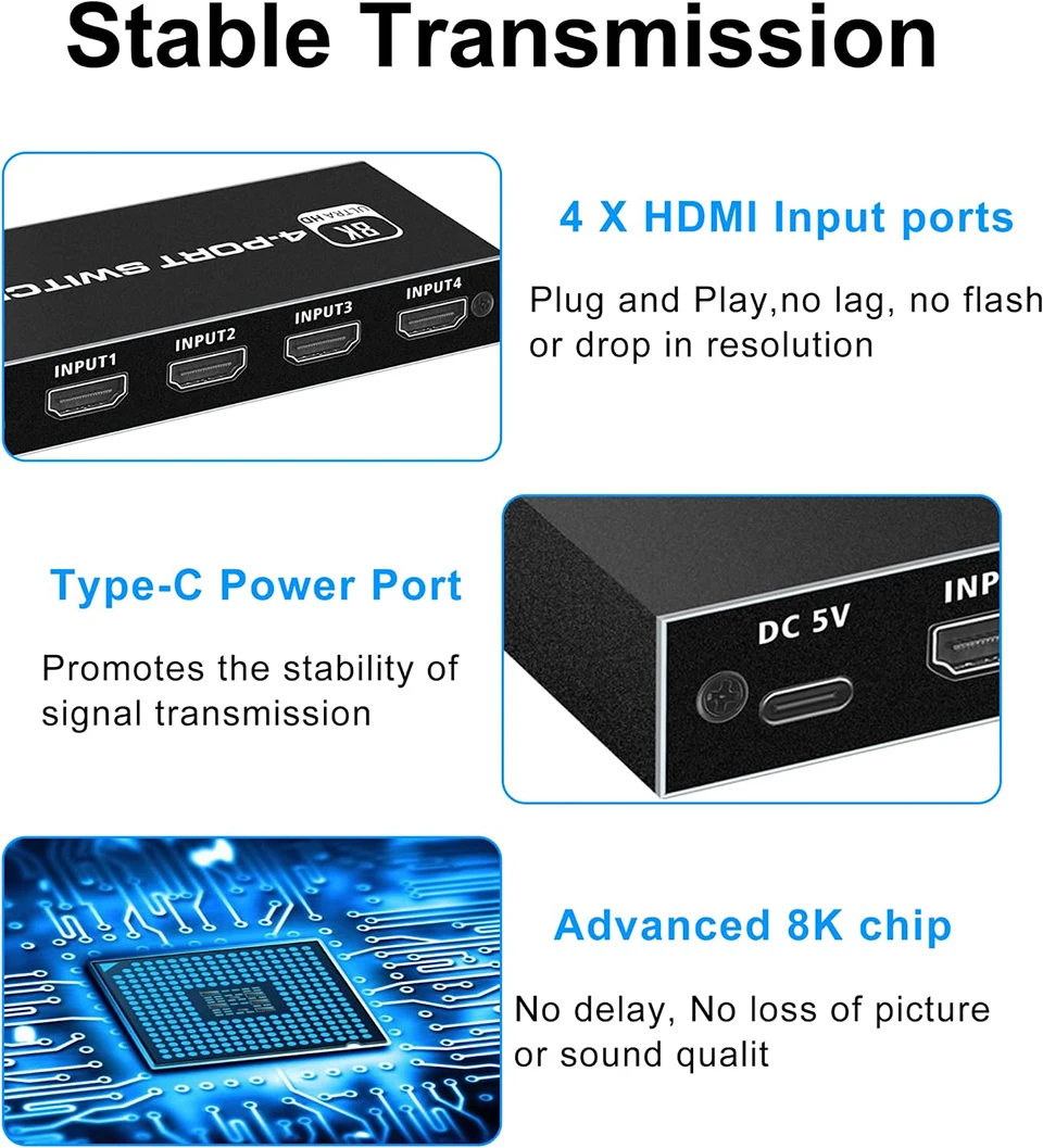 8K HDMI 2.1 Switcher Selector 4 in 1out 4K 120Hz HD Switch HDMI Splitter 4 In 1 Out 3 In 1 Out for laptop PC Switch TV Box PS5