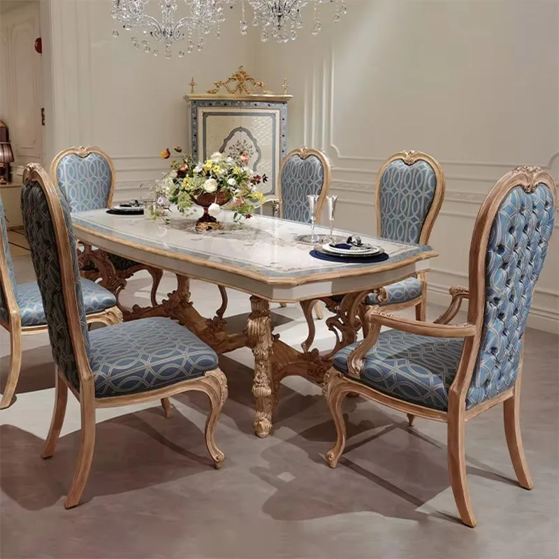 Royal Classic Luxury Round Solid Wood Marble Top Dining Table and Chair Set for Home Furniture in Apartment/Villa