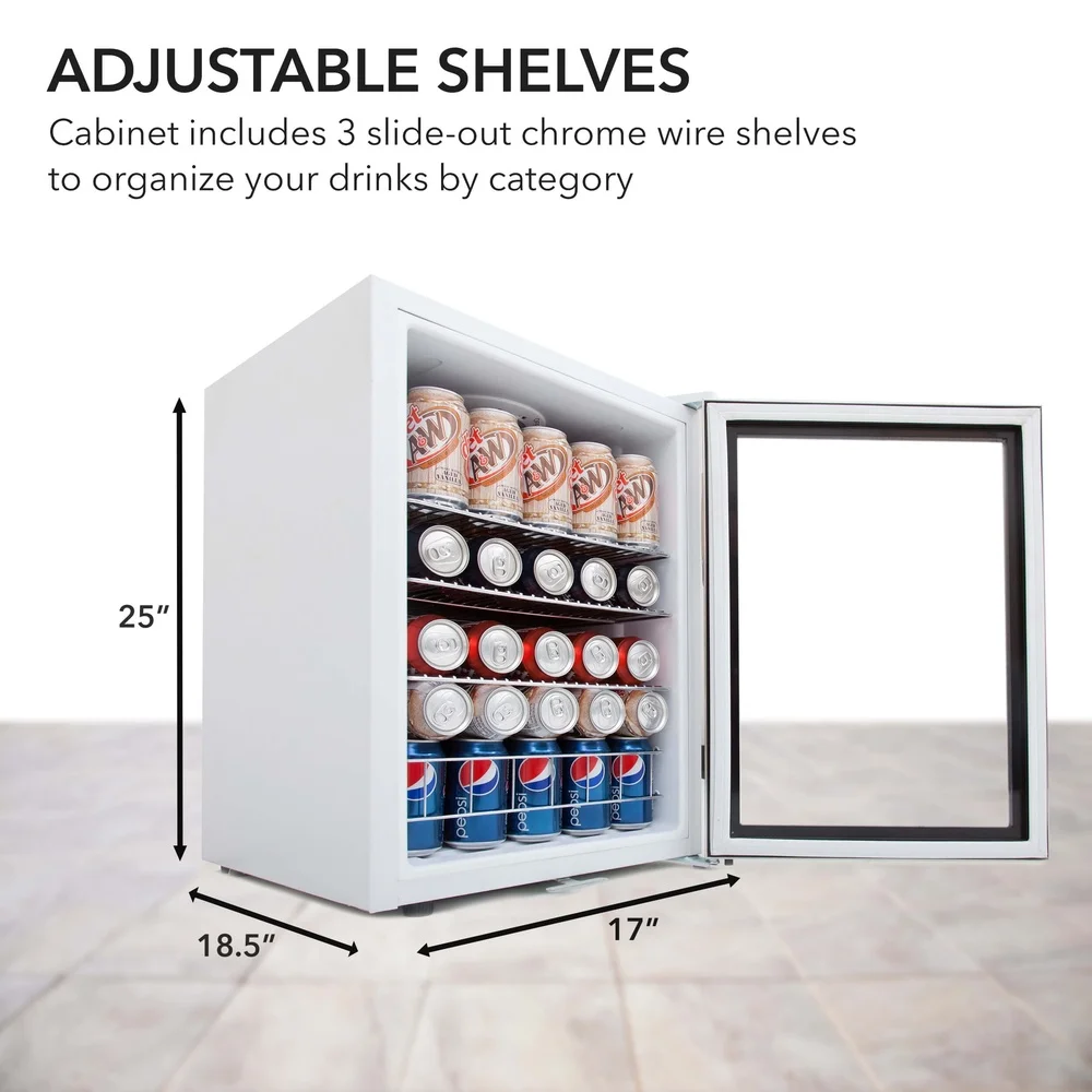 1.7 Cubic Foot Beverage Refrigerator 90 Can Capacity Stainless Steel Compact with Slide-Out Shelves Double-Pane Glass Doors Key