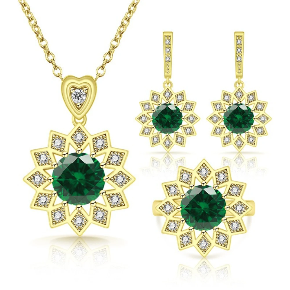 Exquisite 925 sterling silver flower gold jewelry set - ring, earrings, necklace. Women's accessory. 4