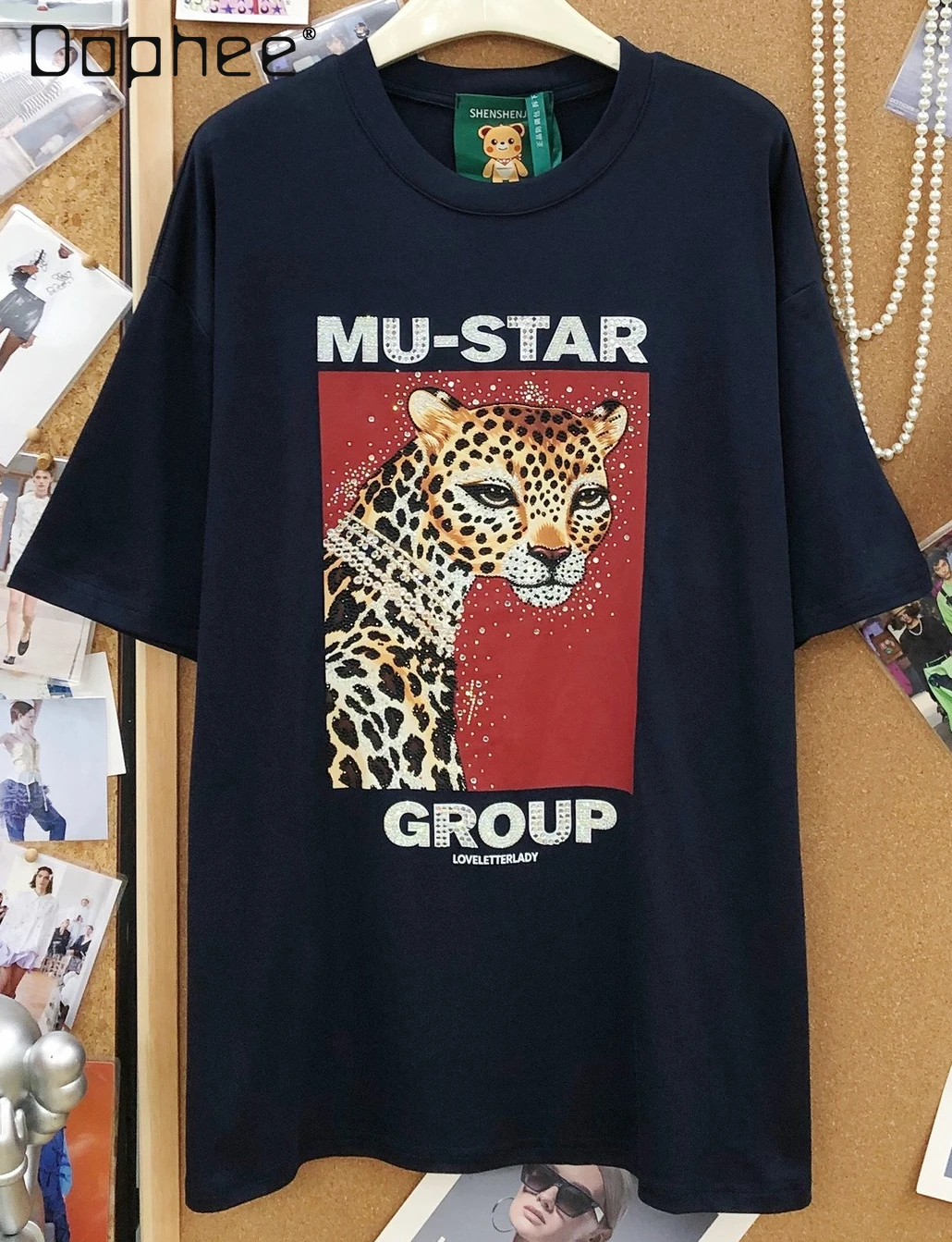 

2026 New Fashion Rhinestone Leopard Print Loose Fit Casual Cotton Crew Neck Short Sleeve T-shirt Summer Women Tops