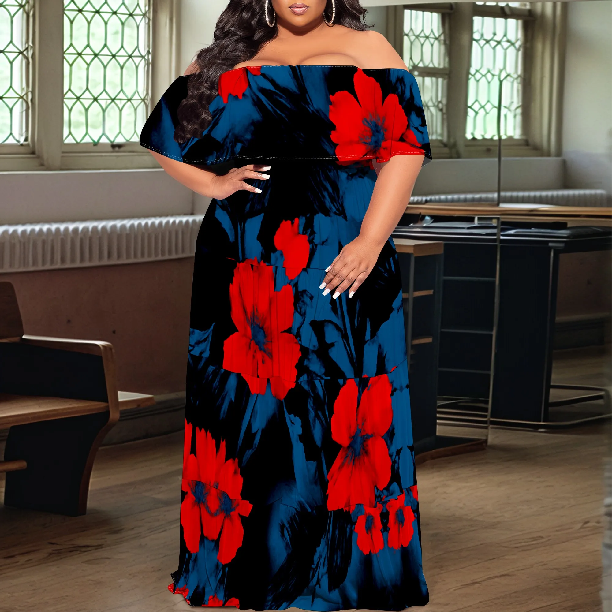 

Red Blue Floral Print Plus Size Maxi Dress XL‑6XL Off Shoulder Loose Fit Style for Summer Vacation, Garden Party or Beach Look
