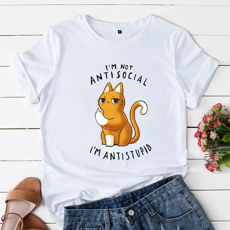 Camisetas casuais senhoras eu não sou antisocial eu sou antistupido tendência estética verão roupas femininas tshirt topos feminino gato dos desenhos animados tshirt