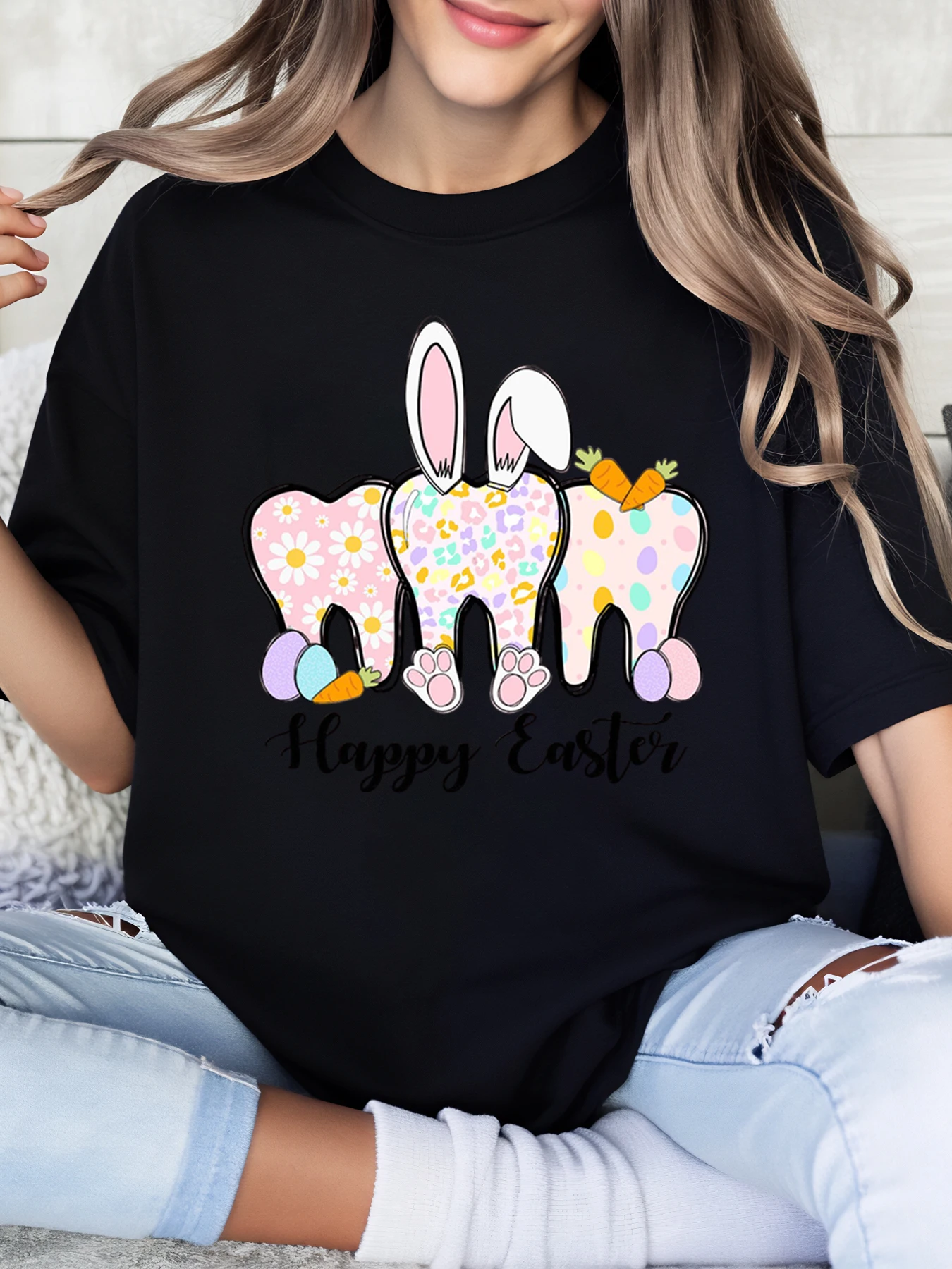 

Easter Bunny Teeth Pattern Happy Easter t Shirt Women Casual Spring Holiday Outfit Black Plus-Size