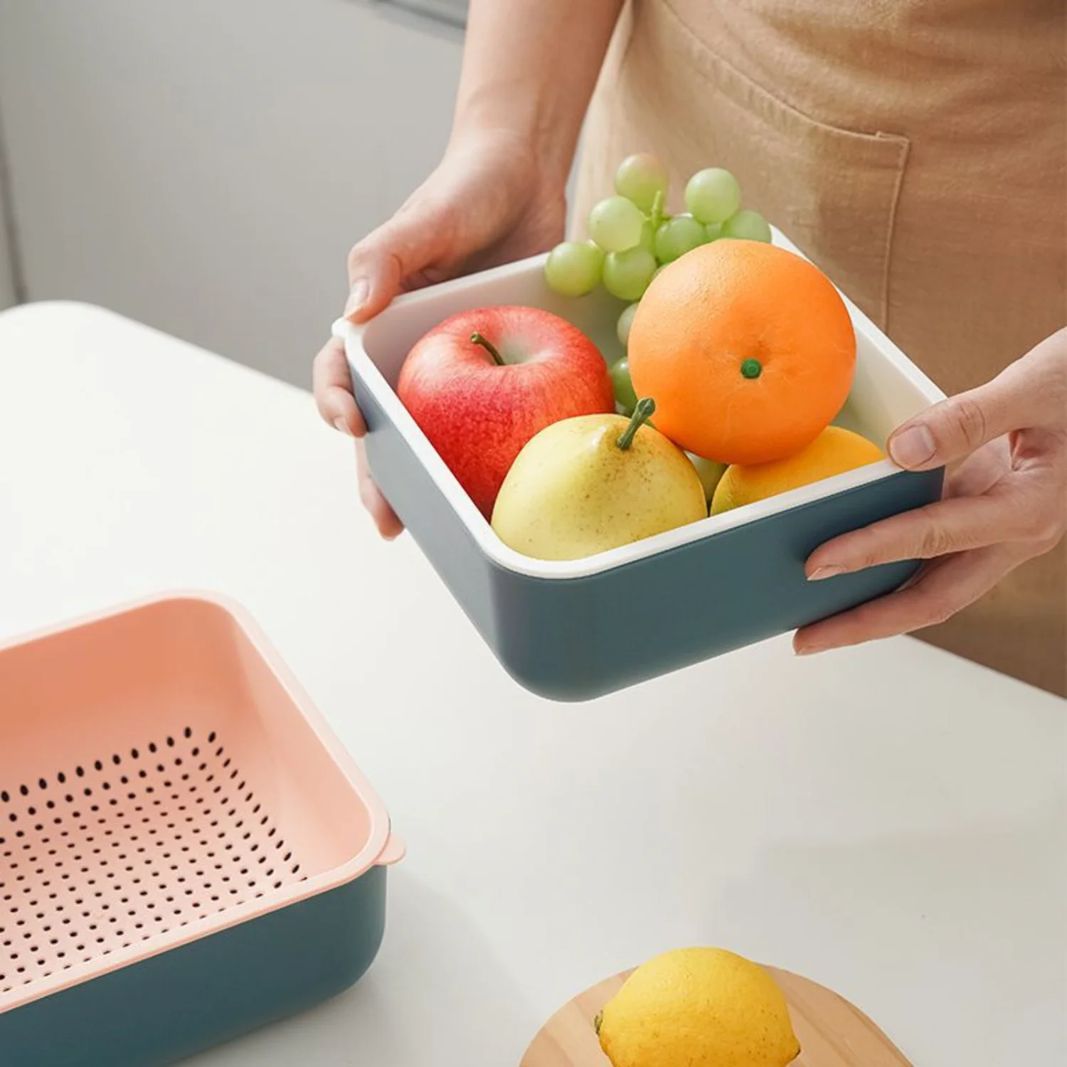 2-Piece Double-Layer Drain Basket - Multifunctional Kitchen Colander & Fruit Basin