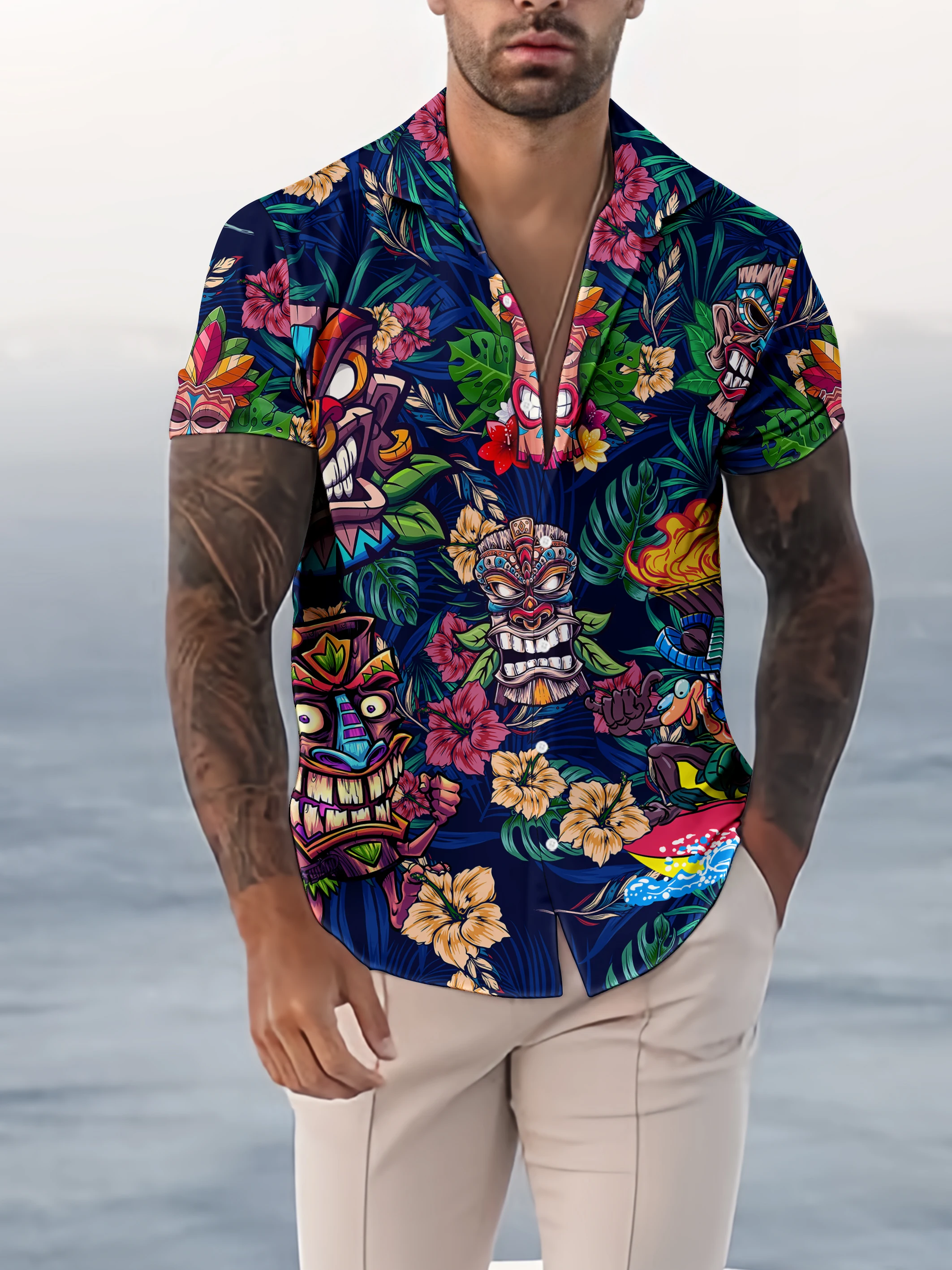 Fashionable European Size Summer Palm Leaf Totem Mask 3D Printed Hawaiian Beach Leisure Party Street Men\'s Short sleeved Shirt