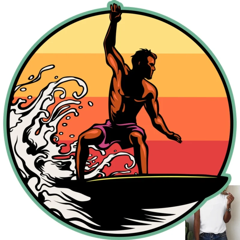 Vintage Surfing Man Heat Transfer White Ink Iron - on Patch, Suitable for T - shirts/Canvas Bags/Clothing, Casual Outdoor - zdjęcie 1