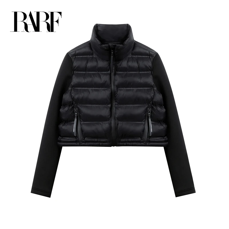 RARF Women\'s stand-up collar pressure glue zipper Black splicing space cotton jacket jacket for women