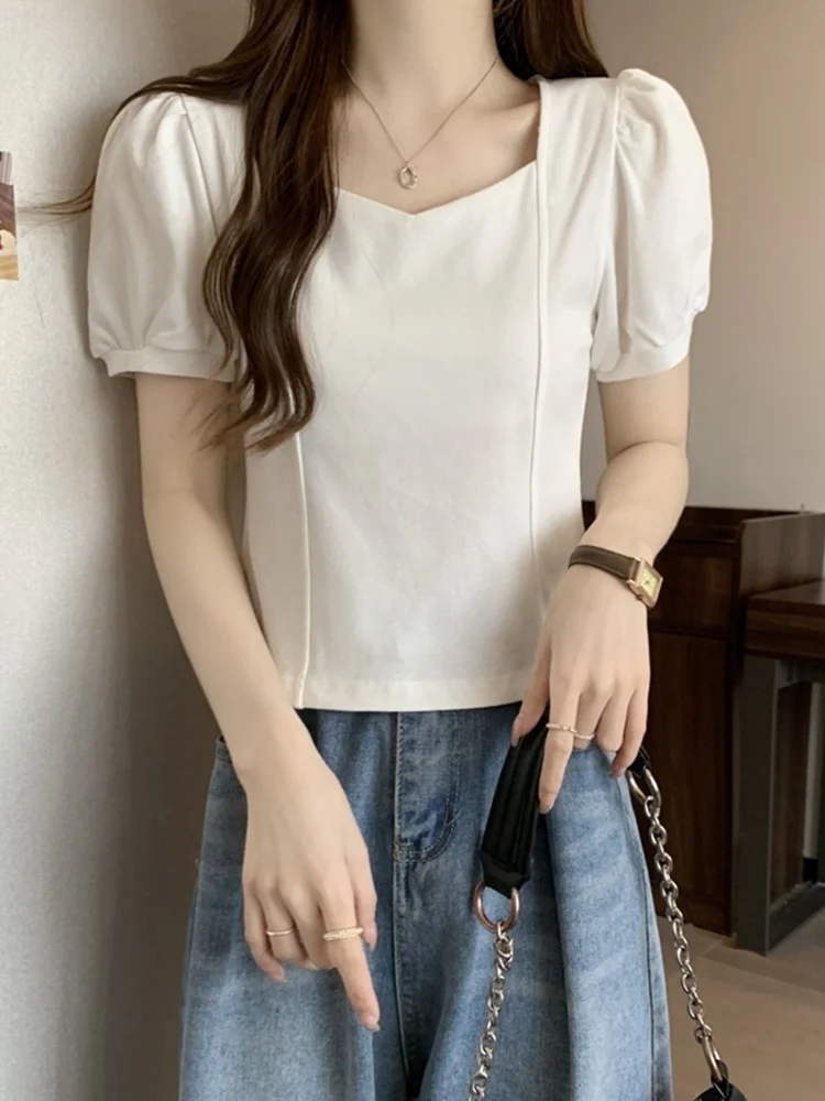 

Летняя футболка Slim Fit для полных женщин, уникальный дизайн, модная, с квадратным вырезом, влагоотводящая, в корейском стиле...