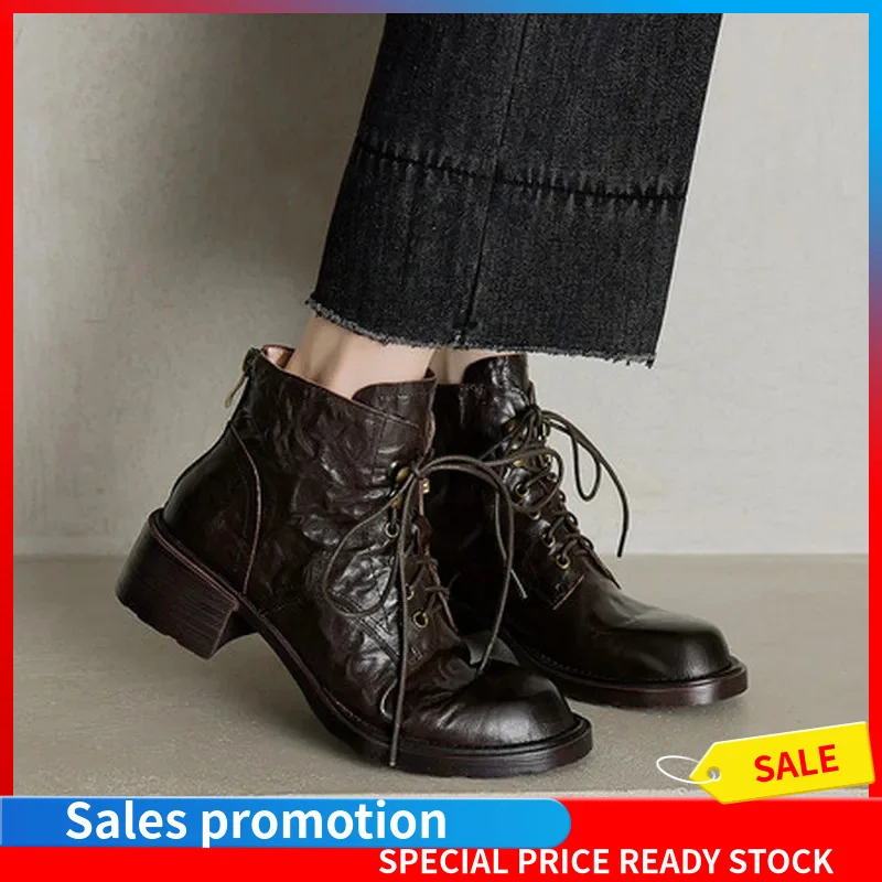 Women Wrinkle Sheepskin Lace Up Ankle Boots Round Toe Block Heel Black Brown Fleece Lined Winter Short Fashion Boots F253