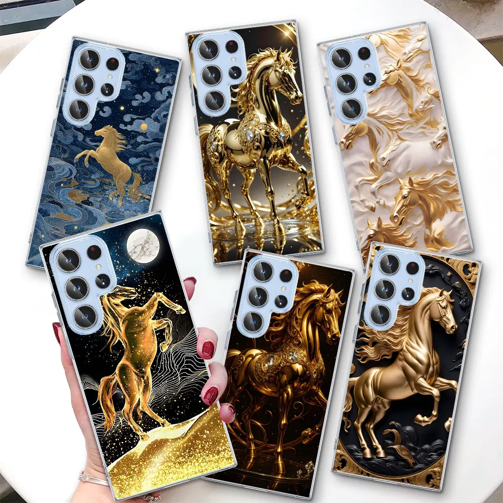 Golden Horse Diamond Print Case for Samsung Galaxy S25 Edge S22 S23 S24 S20 Ultra S21 FE S10 Plus Transparent TPU Phone Cover