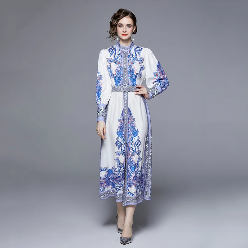 Fashion Designer Women Print Flower Spring Summer Stand Collar Long Sleeve Belt Single Breasted Boho Party Holiday Dresses