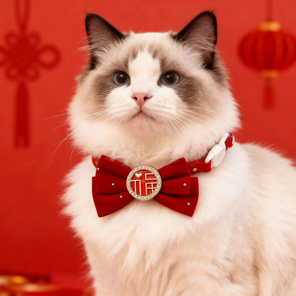 New Year Pet Collar, Wine Red Lucky Bow, Spring Festival Necklace for Cats Dogs, Silent, Wedding Luxury Decor Pet Necklace