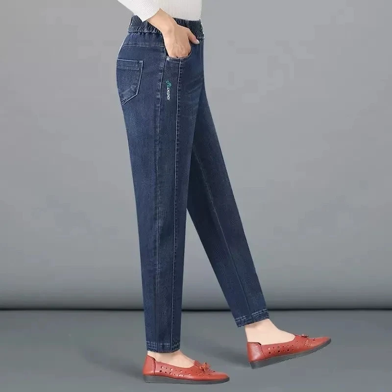 Jean mère taille haute élastique pour femme, pantalon en denim grande taille, jean droit décontracté pour femme d\'âge moyen, nouveau