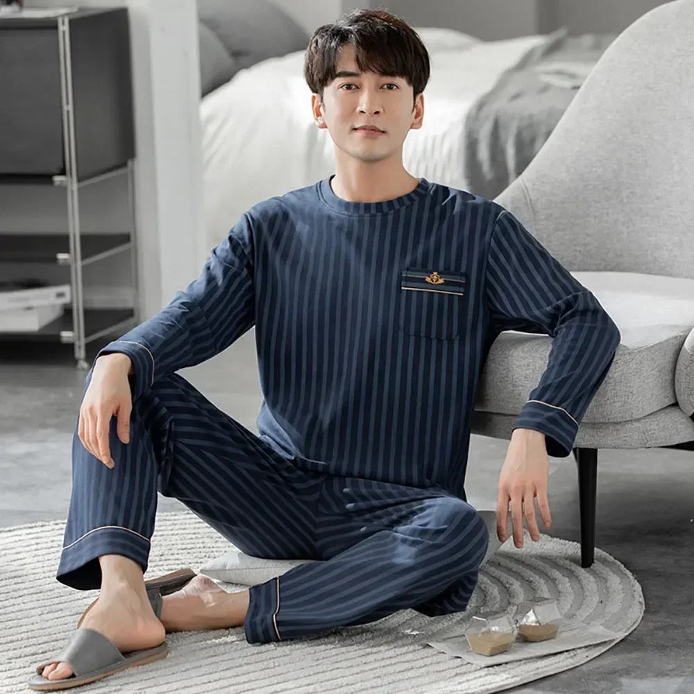 Fashion Comfortable 2023 Loungewear Autumn Spring Sets Neck Striped Men S For Cotton Sleepwear Male Pajama Casual