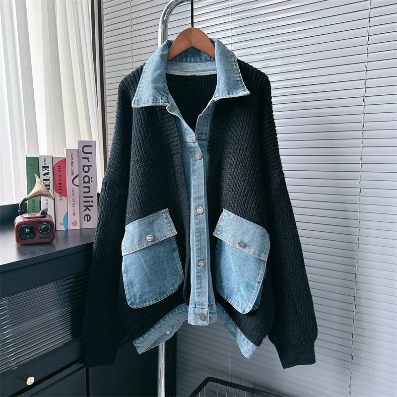 Korean version fake two-piece sweater jacket women 2024 autumn&winter new trend loose fitting patchwork denim open knit tops