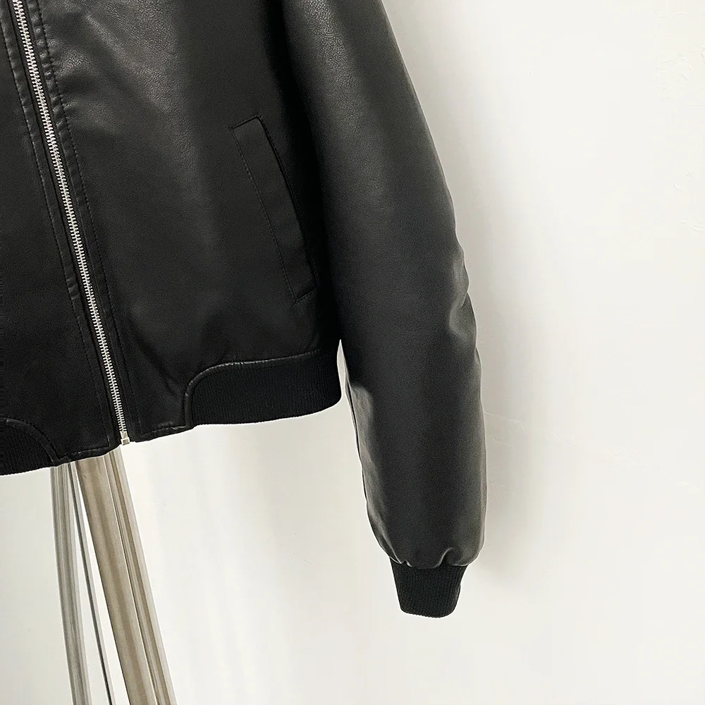 Women's Short Leather Jacket Casual PU Jacket Autumn and Winter New American Retro Loose Fashion Motorcycle Faux Leather Coat