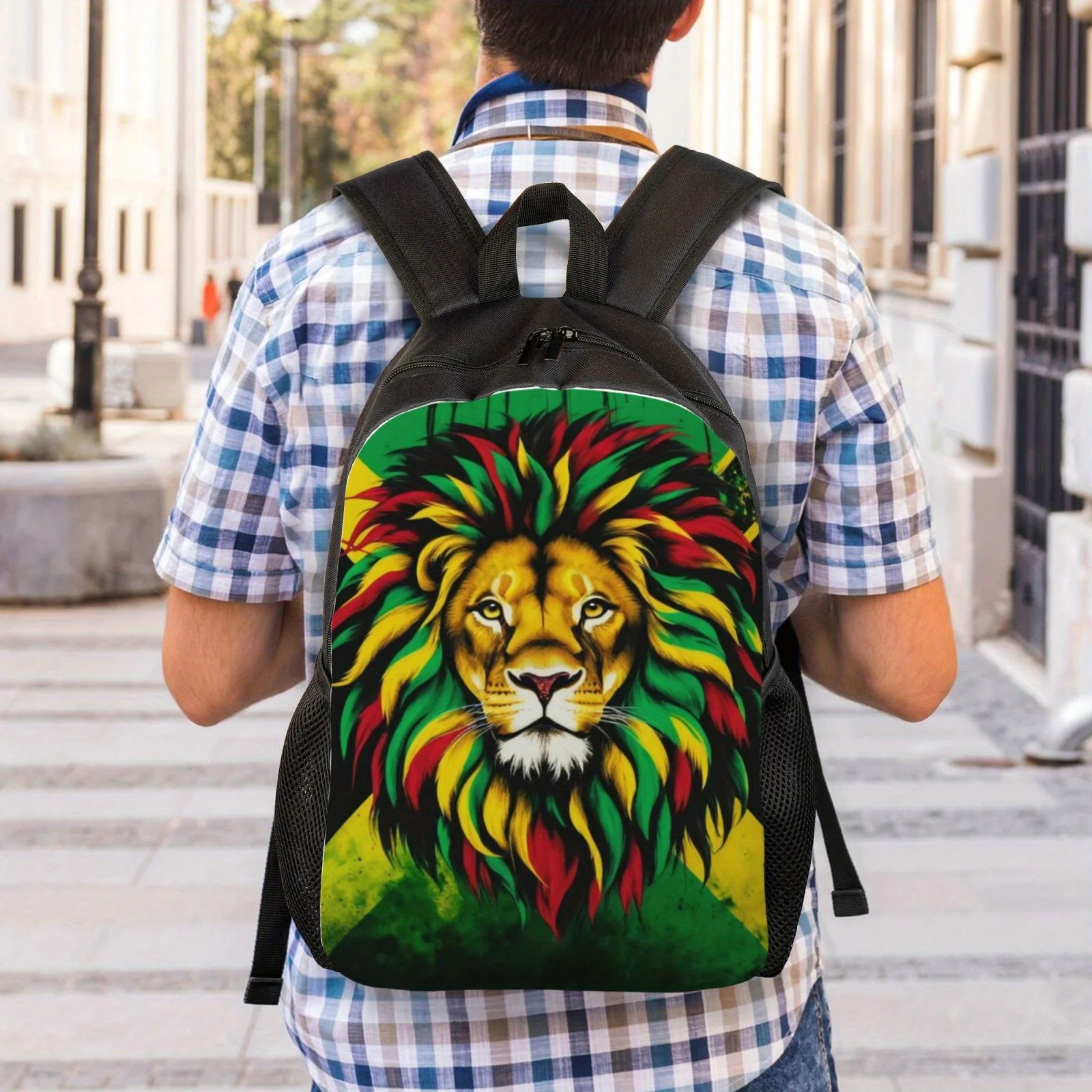 Color Lion Print Trendy Backpack With Side Pocket For Bottle, Casual Bag For Man's & Women's Commute & Outdoor Activities