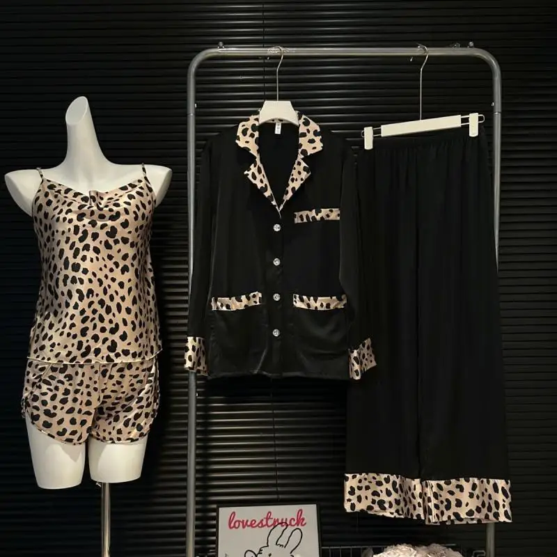 

Черный леопардовый пижамный костюм, женская одежда для сна из ледяного шелка, осень-весна, новая домашняя одежда, женская повседневная домашняя одежда, сексуальная ночная рубашка