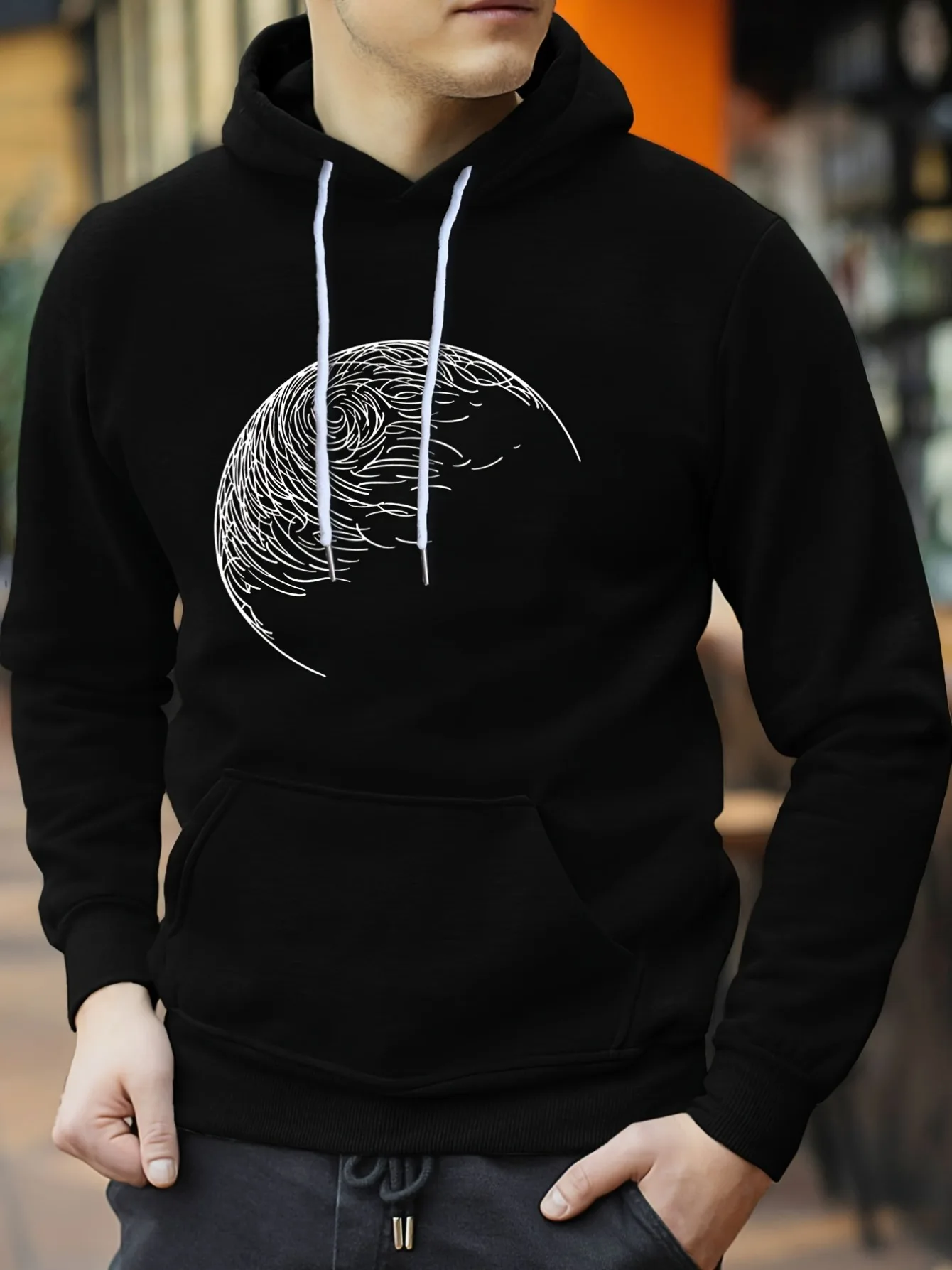 

Men's and sketch print hooded sweatshirt breathable casual pullover with front pocket, regular style