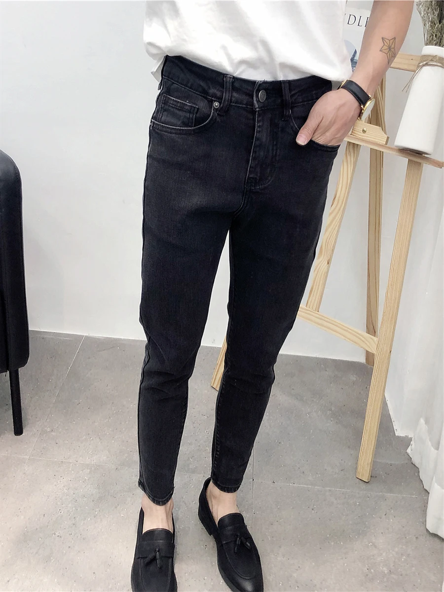 

Slim Fit Korean Style Jeans Men's Elastic Black Grey Versatile Trendy Youth Casual Low Waist Zipper Pocket Fashionable Nine-P...