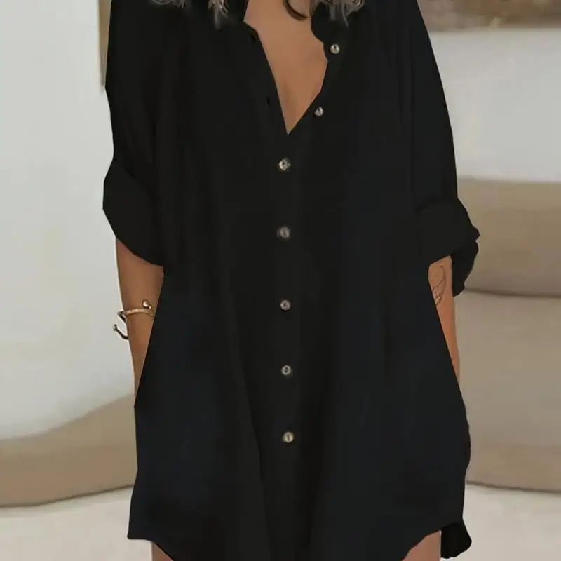 

Chic Button Front Pure Color irt Versatile Top for Women Bright Faionable Design Thin Lightweight Polyester Fabric