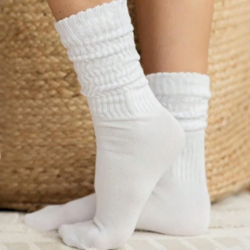 Weiße gerippte Slouchy Scrunch Mid-Calf Tube Skate Socken für Damen, locker sitzende Crew Socken im Vintage Street Style für Teenager-Mädchen – Detail 6