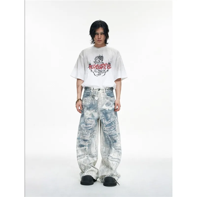 سلسلة مفاتيح دينيم أمريكية عتيقة مطبوعة ثلاثية الأبعاد، بنطلون واسع الساق بخصر مرتفع، جينز أزرق طويل بأسلوب العطلات