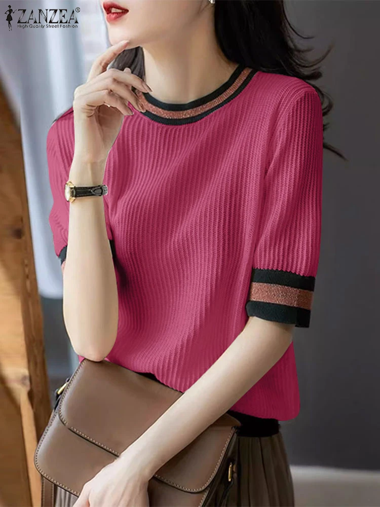 2024 Summer Women Round Neck Casual Short Sleeve Tops ZANZEA Color Patchwork Stripe Knitted T-shirts Leisure Well Fitting Tops