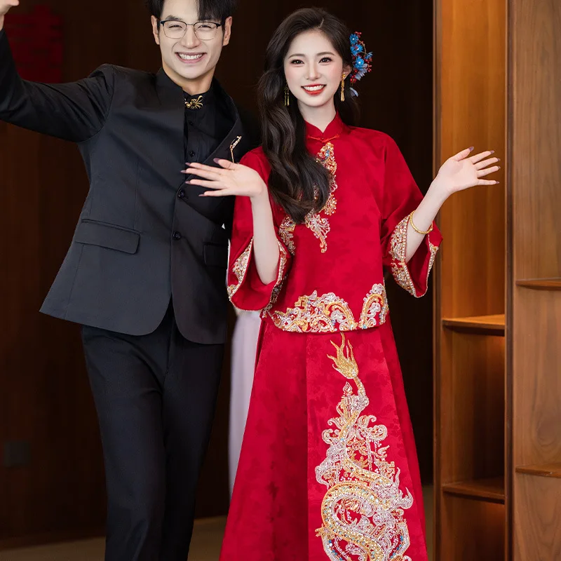 

Красное платье Cheongsam, новое китайское платье Qipao с высокой талией для невесты, новинка 2025, свадебное платье, обручальное платье, красный комплект из двух предметов