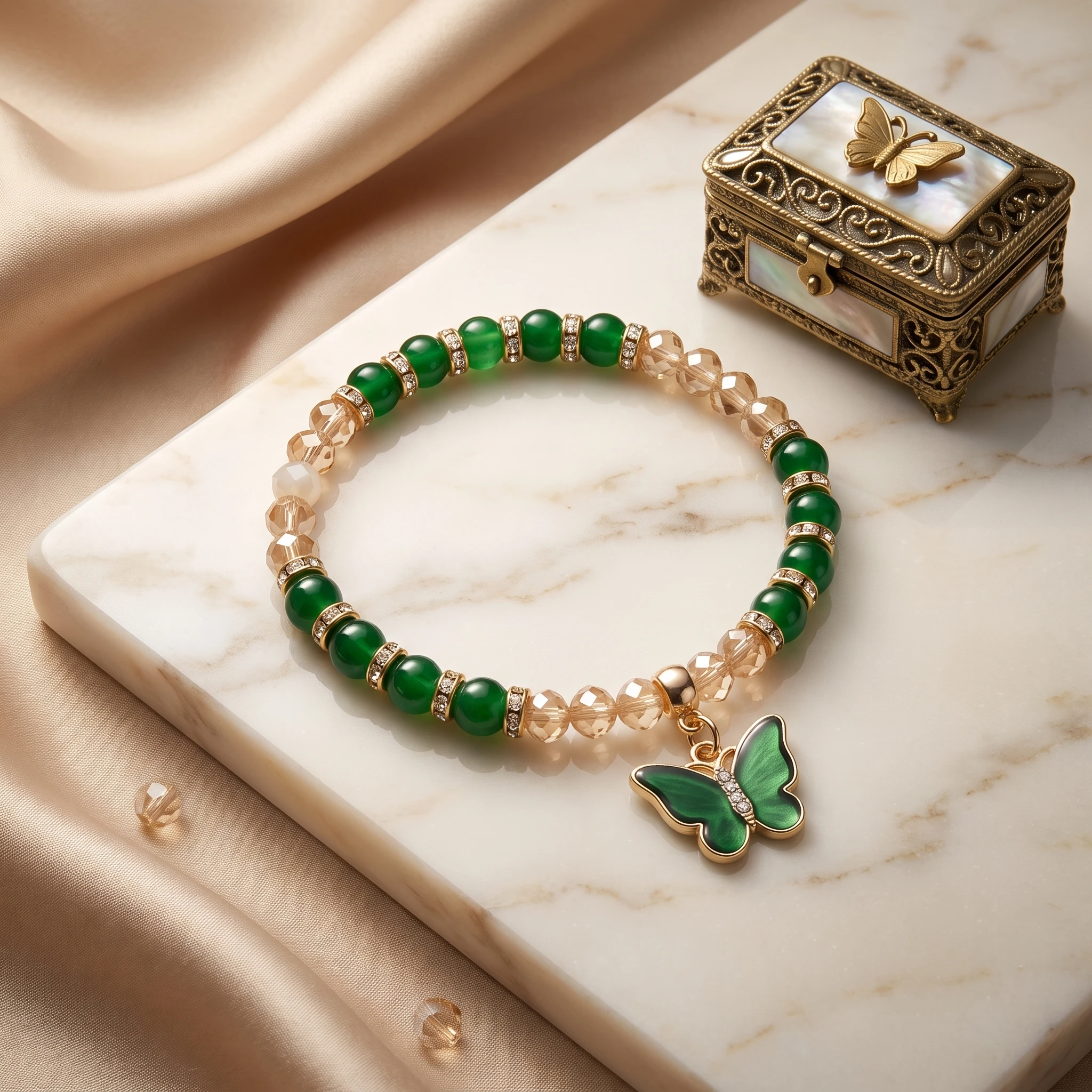 12pcs/Set Green Butterfly Charm Beaded Bracelets, 4 Inch Stretch Crystal Rhinestone Bangle Jewelry Set for Women Girls, Bulk Party Favors & Friendship Gifts