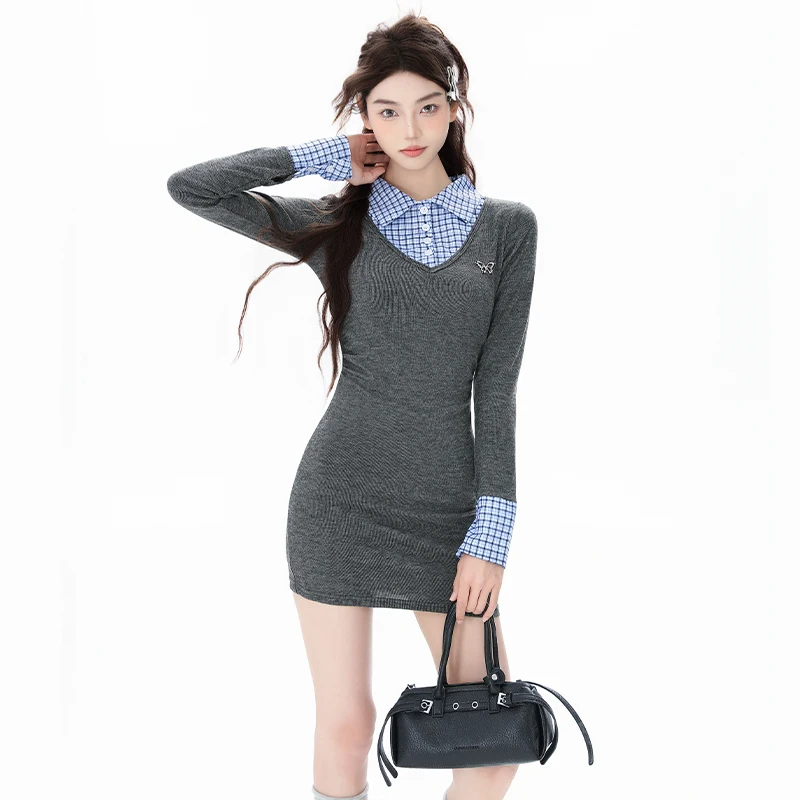 

Платье в корейском стиле, вдохновленное студенческим стилем, с эффектом двухслойности, в клетку, с элементами пэчворка, короткая юбка с эффектом утяжки талии, размер S.