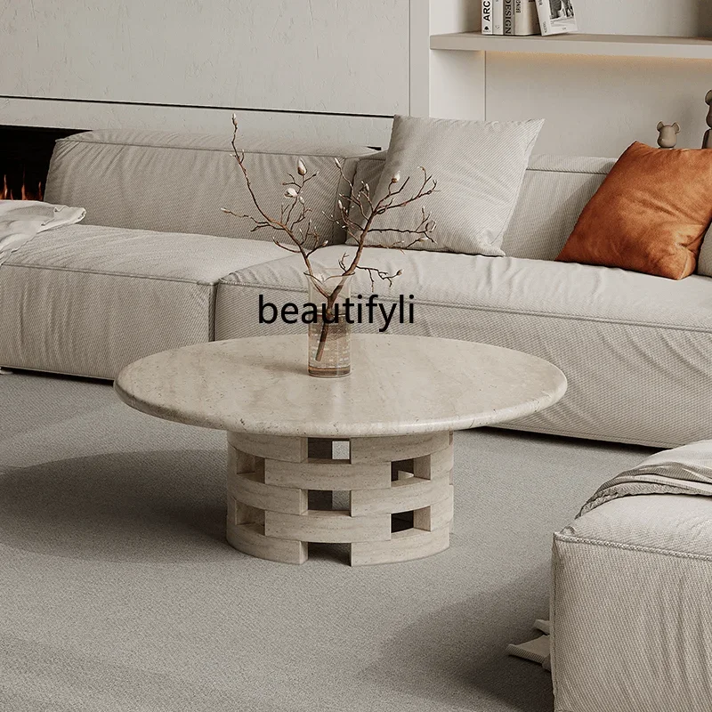 Wabi Sand Wind Round Travertine Coffee Table Creative Living Room Luxury Stone Household Simple and Advanced Small Tea Table