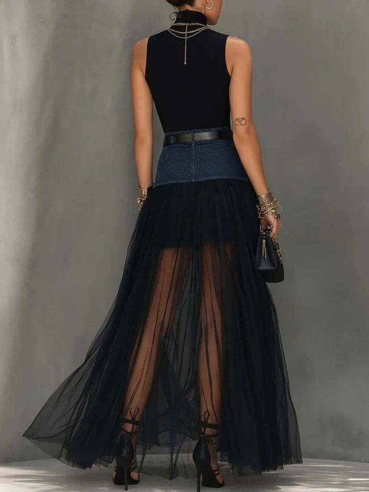 Vintage O-neck Slim Vest&Mesh Half Skirt Sets High Street Women's Denim Spliced Outfits Elegant High Waist Long Skirts Two Piece