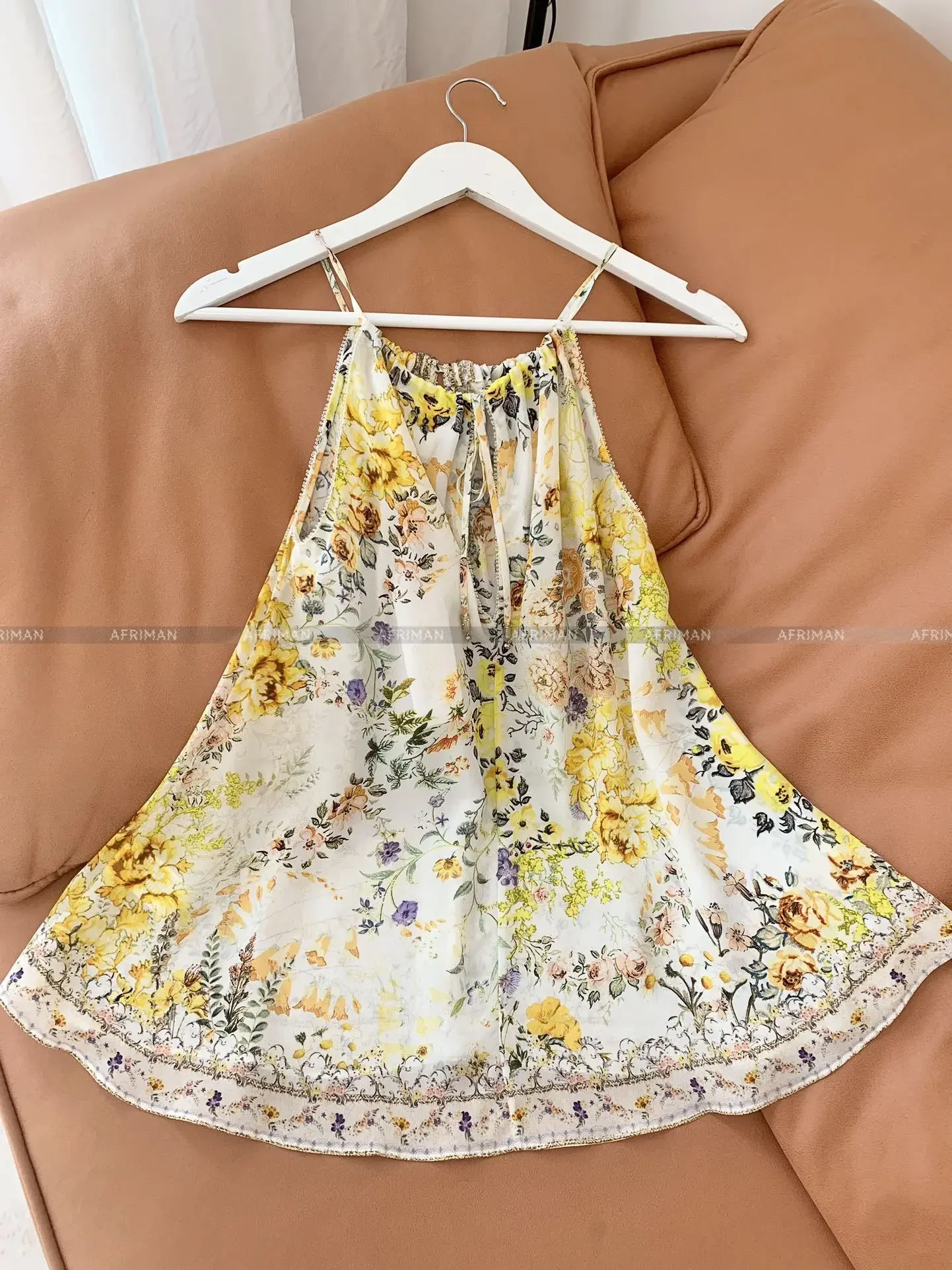 Women New Yellow Flower Print Crystal Beaded Sexy 100% Silk Strapless Camisole