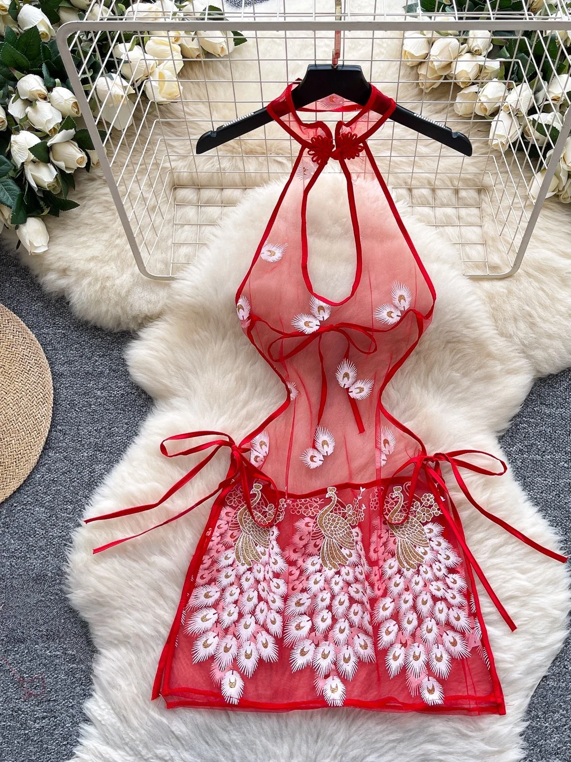 Sexy Kleid mit Hasen-Print Kimono-Design Verführerisches Langarm-Kleid mit Schleife Süßes Niedliches Reizvolles Elegantes Kleid – Detail 14