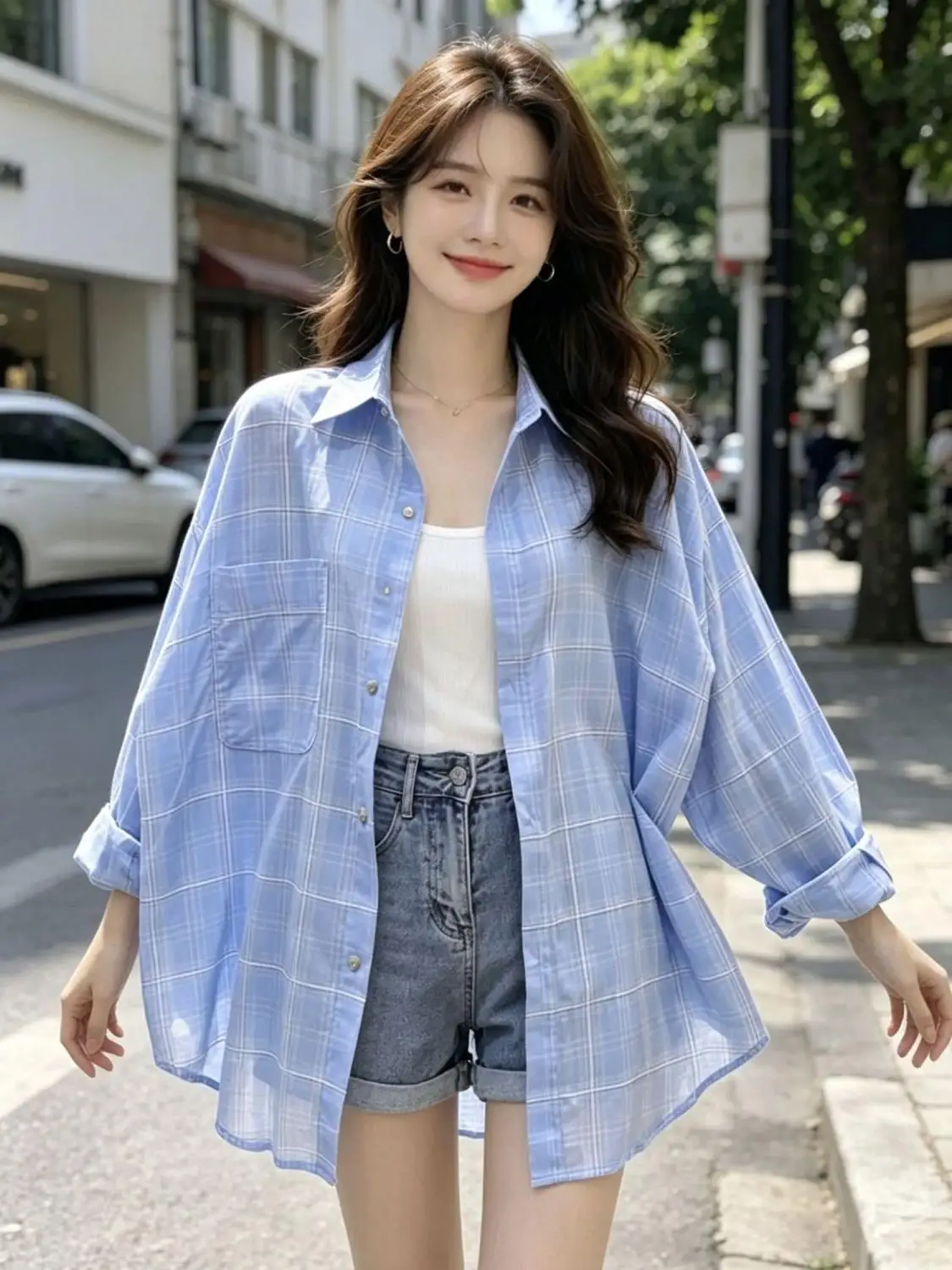 Women's Casual Loose Long Sleeve Plaid Sun Protection Shirt Thin Comfortable plus Size Mid-Length Slimming Cardigan